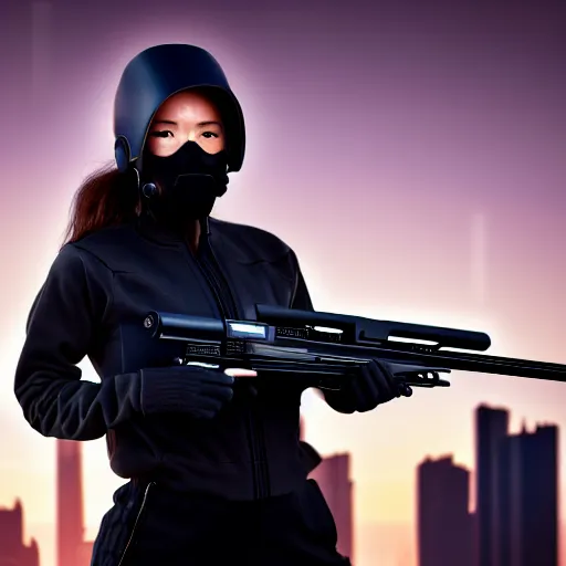 Image similar to photographic portrait of a techwear woman holding a shotgun, closeup, on the rooftop of a futuristic city at night, sigma 85mm f/1.4, 4k, depth of field, high resolution, 4k, 8k, hd, full color, Die Hard, movies with guns, movie firearms