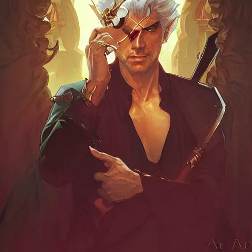 Prompt: The King of Thieves, Dnd Boss, Daggers, Scar, Eyepatch, by artgerm and greg rutkowski and alphonse mucha