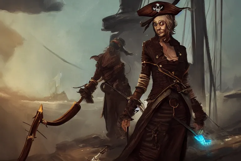 Prompt: a pirate lady wearing long dark clothes holding dual swords with her hands in a ship deck, digital painting, mixed media, trending on artstation and deviantart, epic composition, highly detailed, 8 k