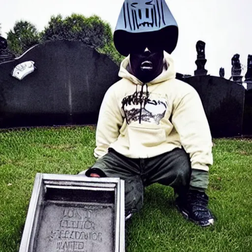 Prompt: MF DOOM wearing MF DOOM mask standing in a graveyard with a dug up coffin