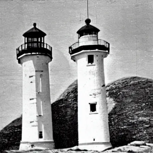 Image similar to worshippers dressed in robes belonging to the cult of the lighthouse. Dilapidated 1800s lighthouse. Unnaturally tall lighthouse. Beacons of light. 1800s photo.