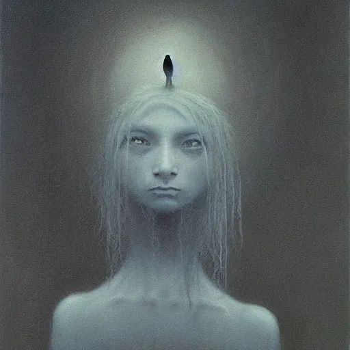 Prompt: teen girl who is half raven, painting by Beksinski