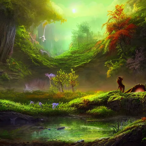 Prompt: beautiful lush natural scene on another planet, with creatures. lightfall. beautiful detailed digital painting. trending on artstation and deviantart.