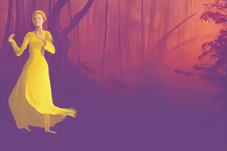 Image similar to A hyper realistic movie still of young woman in a yellow dress as a sorcerer dancing in with spirits in a mystical forest of an exotic world, by Chiara Bautisya, annihilation movie, blade runner movie, in style of Laurie Greasley, Jen Bartel, Background by Tarmo Juhola, kowloon, cinematography Roger Deakins,