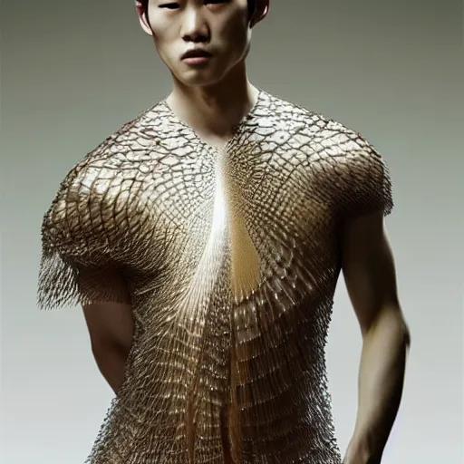 Image similar to a beautiful young japanese male wearing iris van herpen couture, photographed by erwin olaf