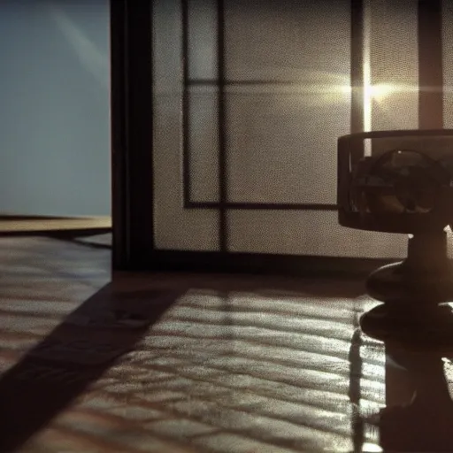 Image similar to a close - up of a gpu preserved in a jar of olive oil, sun rays shining through window, cinematic shot, photo still from movie by denis villeneuve