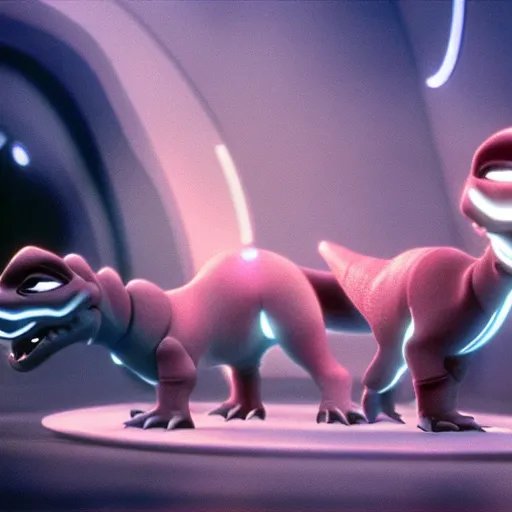 Image similar to baby dinosaurs in tron movie, cinestill