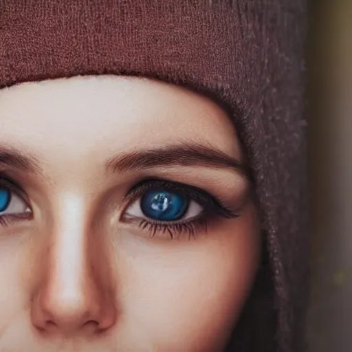 Prompt: close up photograph of a beautiful woman with beany eyes.