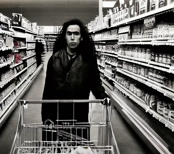 Image similar to low angle photography, maori warrior in a grocery store, deep focus, elegant, highly detailed, polaroid 6 0 0, matte, sharp focus, art by nan goldin, cinematographyby jom jarmusch