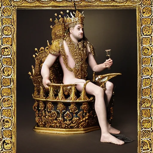 Image similar to Award Winning Highly Detailed Portrait Photo of Mythological King Royally decorated sitting in a shining Filigree throne designed by Gaudi, Silks, Furs, wide-angle long shot