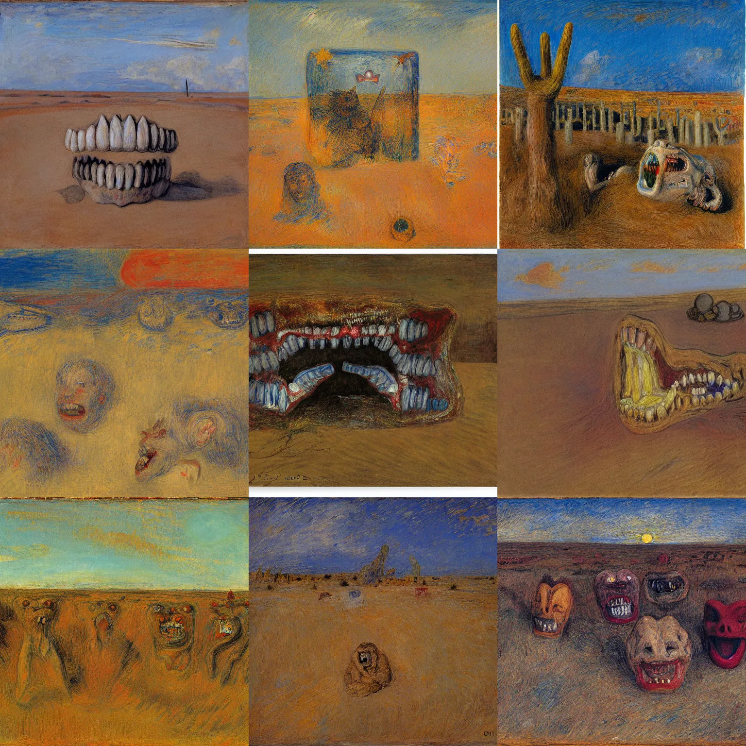 Prompt: teeth in the desert, artwork by james ensor and odlion redon