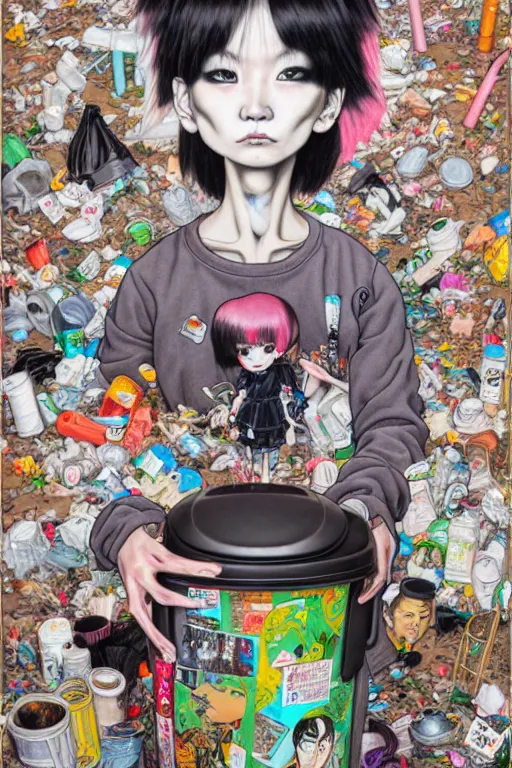 Image similar to full view, from a distance, of anthropomorphic trashcan full of trash, style of yoshii chie and hikari shimoda and martine johanna, highly detailed