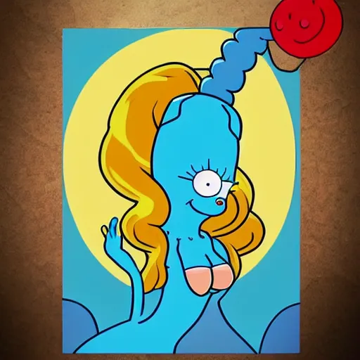 Prompt: sexy pin-up Marge Simpson with 6 arms, and adventure time characters, trending on artstation
