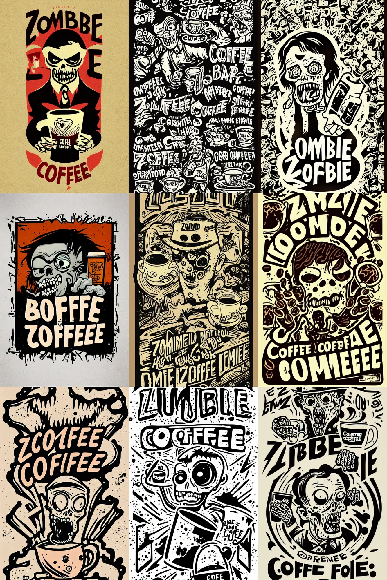 Prompt: zombie coffee logo by mcbess, full colour print, coffee advert