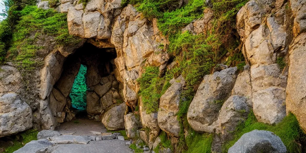 Image similar to entrance to a dungeon of the gods at the base of an ancient mountain in the morning light, in the style of Studio Ghibli, by Hayao Miyazaki, polarizer filter