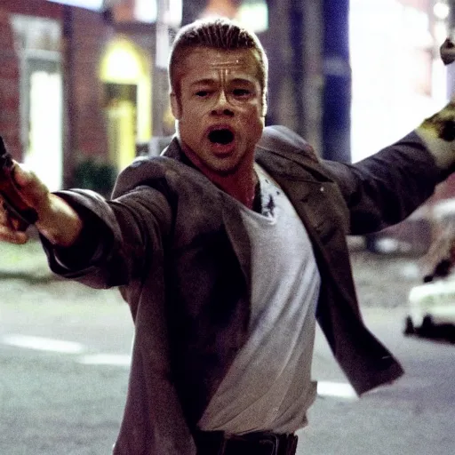 Prompt: brad pitt in shaun of the dead, movie still, zombies