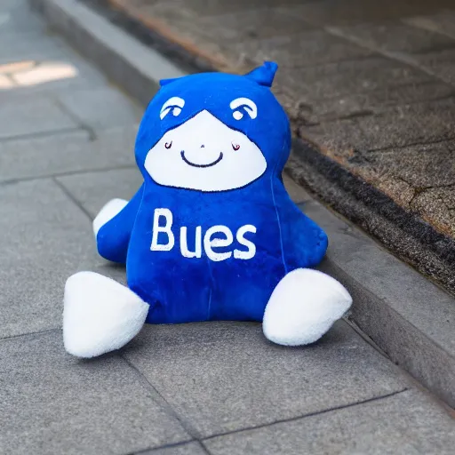 Image similar to blue'snappy gifts'plush doll, on sidewalk, handing out gifts, happy atmosphere, high detail, soft lighting, 8 k