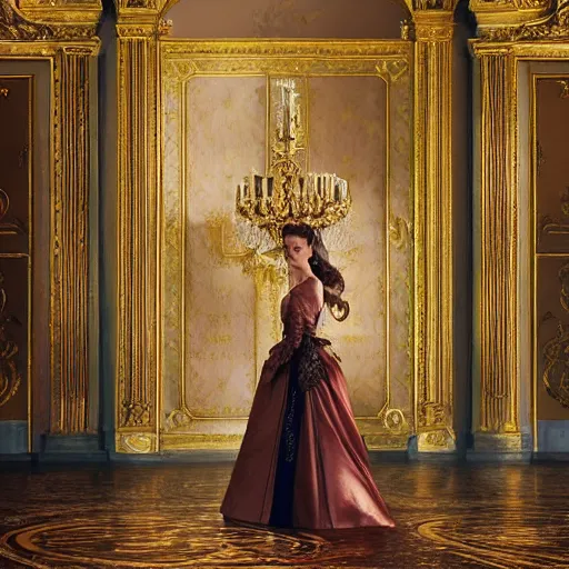 Image similar to francesca findabair in versailles, wow 4 k detail fantasy, matte painting, realistic materials, photo realistic, postprocessing, cinematic, hyperrealistic, studio lighting, ekaterina, the tudors, photography by richard jenkins