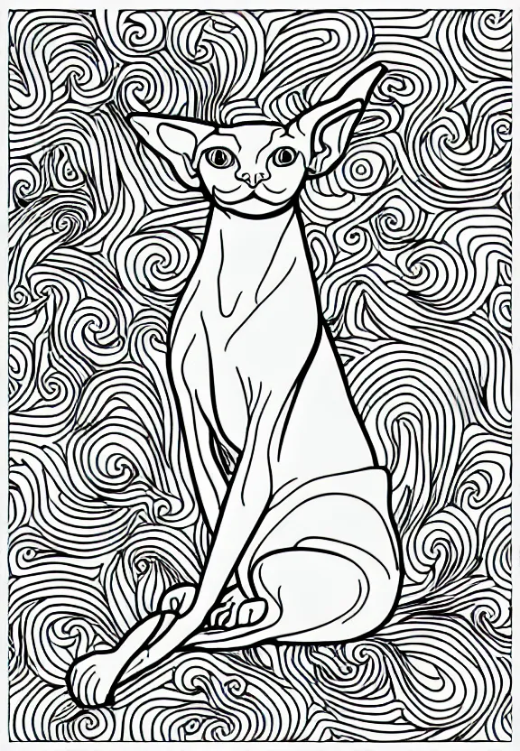 Image similar to sphynx cat statue ornaments fractal ink drawing line art colouring page, vector, margins, fine lines, centered