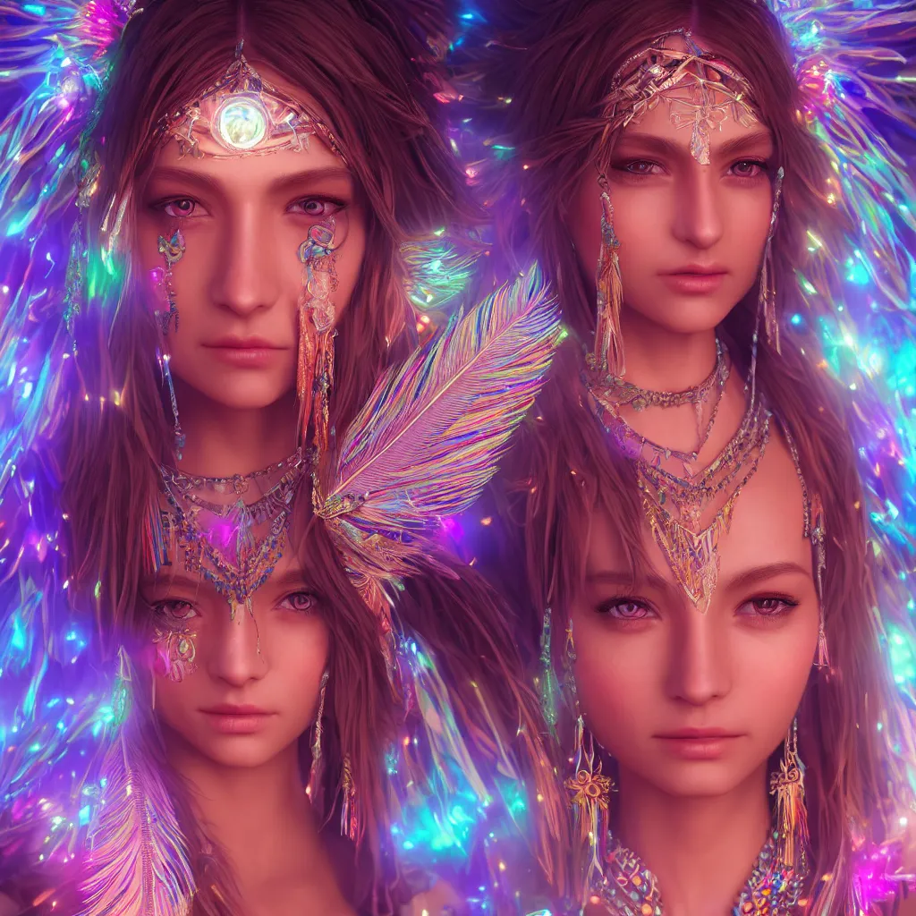 Image similar to portrait highly detailed beautiful symmetrical face high priestess intricate elegant detailed crystal jewellery with tribal feathers, lush colourful volumetric lighting, anime digital painting, concept art, smooth, sharp focus 3 d, divine realm of gods, realistic cinematic style, octane render, photographic, unreal engine 8 k