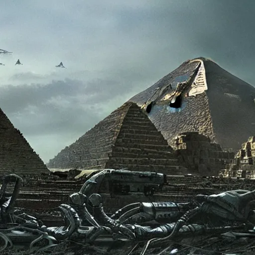 Image similar to a still from aliens v predator of the predator overlooking the pyramids, highly detailed