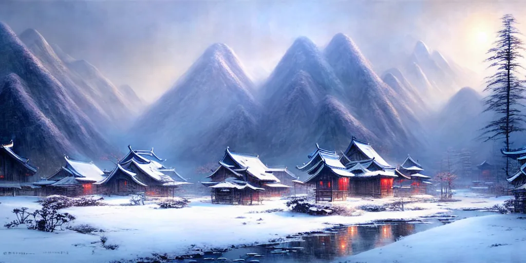 Image similar to beautiful chinese forest and a alaskan tundra snow covered landscape, with a quant village peaceful painted by greg rutkowski, makati shinkai, james gurney, wlop