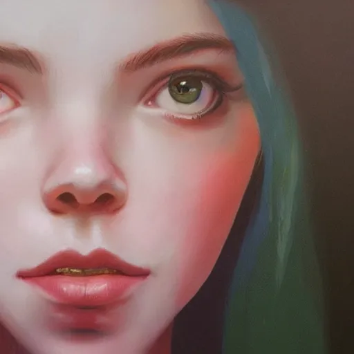 Image similar to a beautiful scenic painting of a beautiful young woman that looks like anya taylor - joy by artgerm and wlop and wes anderson and spike jonze