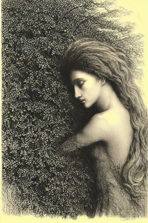 Image similar to extreme close-up, hair fully covers a woman\'s face, forest background, Gustave Dore lithography