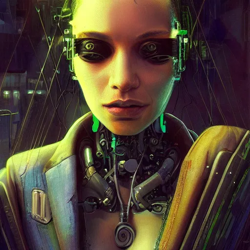 Prompt: extremely detailed portrait of a cyberpunk woman, eye implants, street vendors, citizens, augmented cyborgs, robots, skyscapers, buildings, clouds, sunset, painted by seb mckinnon, high detail, digital art, trending on artstation