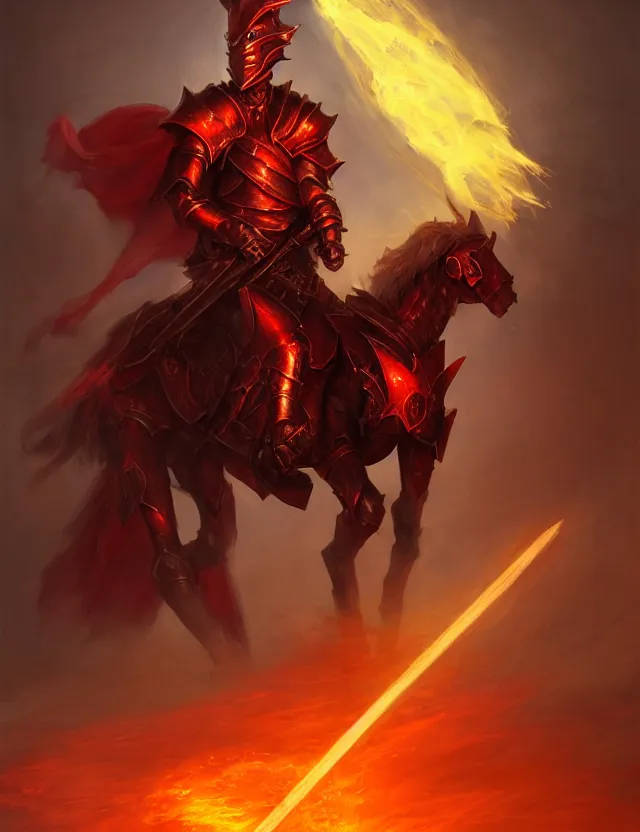 Image similar to a masked knight in crimson armour mounted on a spectral horse, holding a glowing red battle staff, by frank fazetta and peter mohrbacher, trending on artstation, digital art, 4 k resolution, detailed, high quality, hq artwork, coherent, insane detail, concept art, character concept, character full body portrait