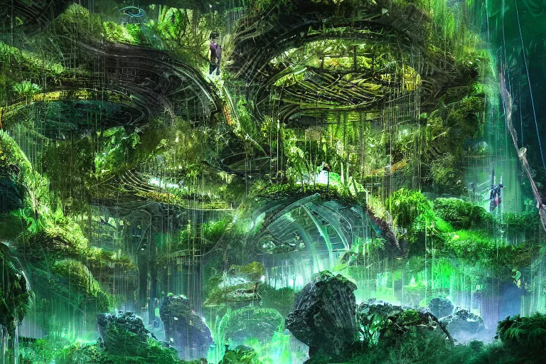 Prompt: high - tech atlantean scifi ruins in the jungle covered in moss, hologram projections, forest spirits dancing, fantasy concept art