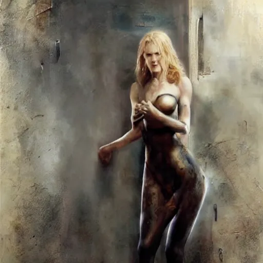 Image similar to nicole kidman chained to a wall in a dungeon, full body, beautiful painting by raymond swanland and magali villanueve, beautiful detailed body and face