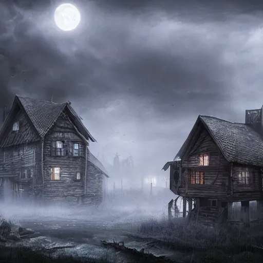 Prompt: haunted village surrounded by a dead forest, mist, moonlight, dark and gloomy, matte painting, ultra detailed, concept art