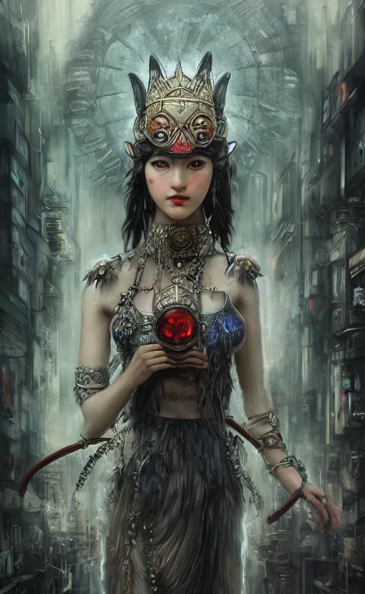 Image similar to hyper realistic Princess Mononoke, ornate mask magic, wet market street, cyberpunk metropolis, city landscape, jewels, full body pose, full moon, style of tom bagshaw, mucha, james gurney, norman rockwell, denoised, sharp