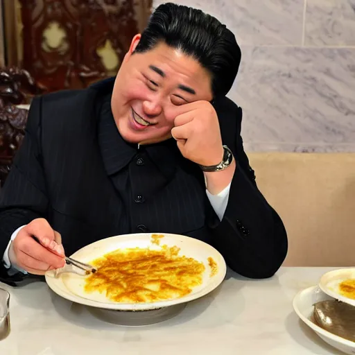 Prompt: happy kim jon - un eating spanish potato omelette