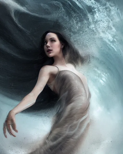 Image similar to olivia swirling into a water tornado that turns into a dress, half body portrait, 3 d animation, black hair, freckles, pale skin, photo by greg rutkowski, female beauty, intricate detail, elegance, sharp shapes, soft lighting, masterpiece