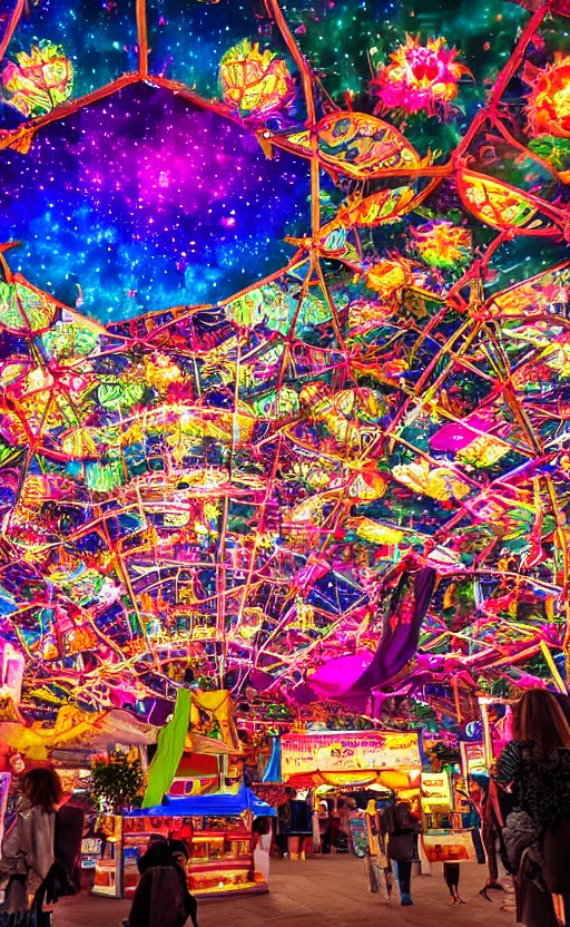 Image similar to super realistic, aesthetic, beautiful and colorful photo of a incredibly beautiful fair at a starry night