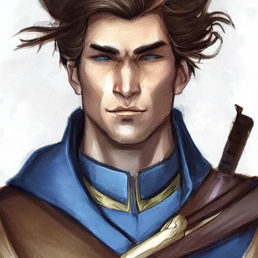 Prompt: a young man with shoulder length brown hair, with a scar on his forehead. blue uniform. serious expression, handsome, rugged, kaladin stormblessed, way of kings, artgerm, portrait, sketch, rpg, dnd