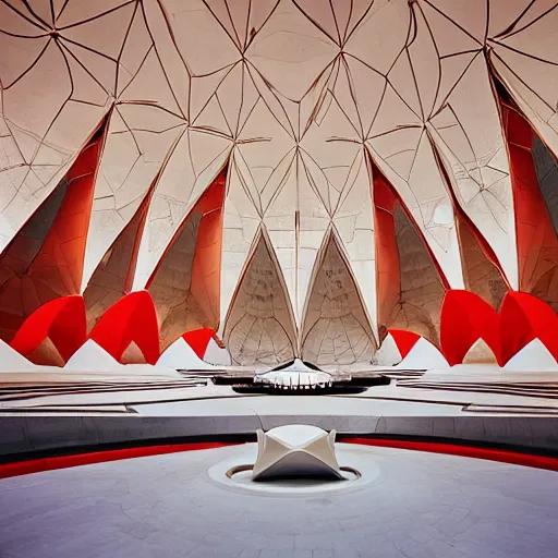 Image similar to interior of a futuristic lotus temple with gold, red and white marble panels, in the desert, by buckminster fuller and syd mead, intricate contemporary architecture, photo journalism, photography, cinematic, national geographic photoshoot