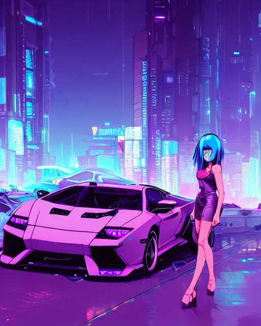 Image similar to digital illustration of cyberpunk pretty girl with blue hair, looking at a purple lamborghini, in junkyard at night, by makoto shinkai, ilya kuvshinov, lois van baarle, rossdraws, basquiat