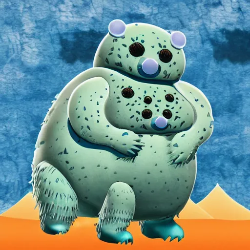 Image similar to collage art representing a Kaiju shaped like a water bear in a desert