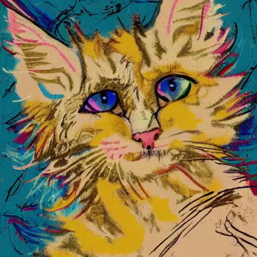 Image similar to a cream - colored maine coon kitten, digital art, abstract expressionists, jackson pollock, willem de kooning. energy influenced by both nature and music
