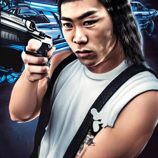 Prompt: Hyper realistic asian 18 year old boy left eye white with blue, full arm tattoos in right hand, holding gun in left hand, wearing cyberpunk ninja type black suit, 2 American muscle car in background, long hair with ponytail,