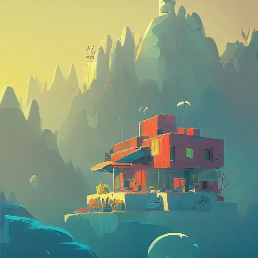 Prompt: a building in a stunning landscape by Anton Fadeev and Simon Stalenhag seed=2127256747