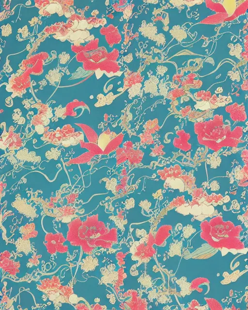 Image similar to astral flowers, chinoiserie wallpaper by leiji matsumoto and james jean