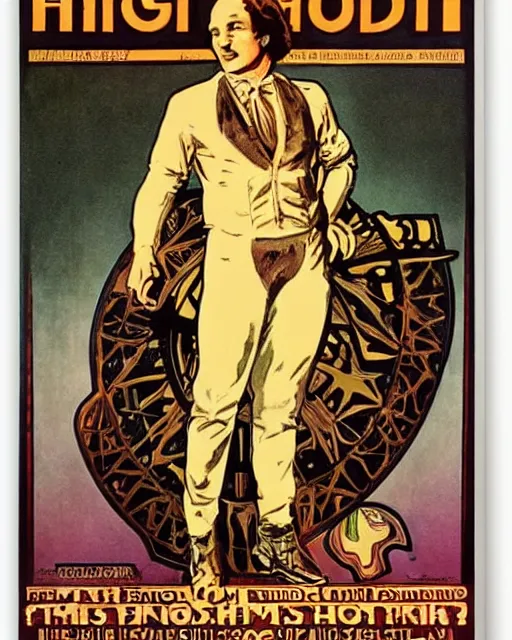 Image similar to of vintage poster of harry houdini by kerne erickson and alphonse mucha