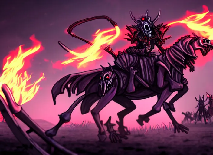 Image similar to ainz ooal gown leading the undead army to battle riding a flaming skeleton horse, art by so - bin