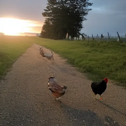 Image similar to off she goes into the sunset driving chickens in the distance on saturday night