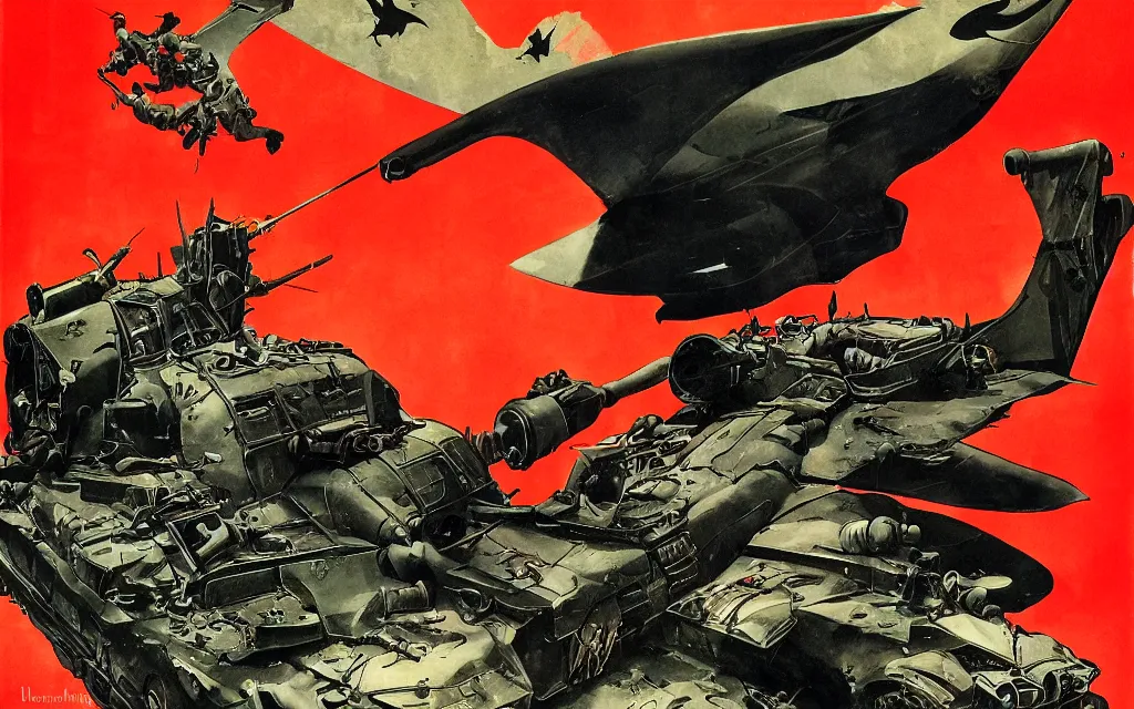 Image similar to batmobile in the style of norman rockwell, world war 2, wwii, propaganda poster, sci - fi illustrations, highly detailed, award - winning, patriotic, soviet, ussr, dark, gritty, ink