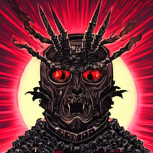 Prompt: a dark matter angry portrait demon in iron armor with diamonds sits on the black throne of death and looks with red eyes into the darkness against the background of a bright red sun